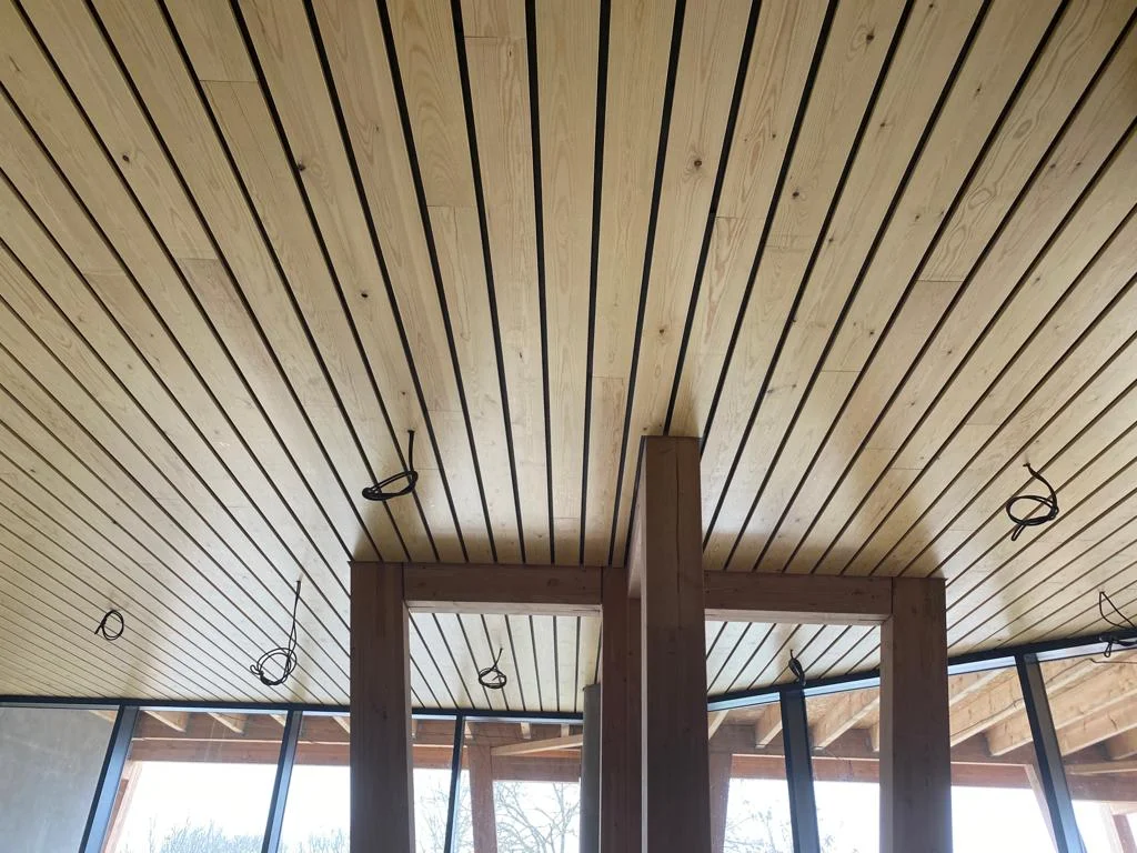 Revêtement de plafond en claire-voie bois clair, idéal pour une décoration intérieure moderne.